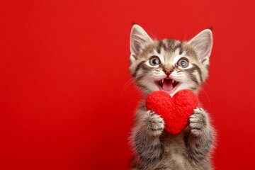 Ragamuffin - my treasured cat. Cute ragamuffin baby feline with fluffy red heart - sign of love, funny greeting card. Advertising visual idea. Heart-shaped valentine. Kitten valentine theme.