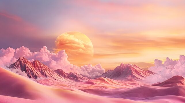 A breathtaking and captivating cosmic landscape featuring a serene alien sunset over a surreal majestic mountain range