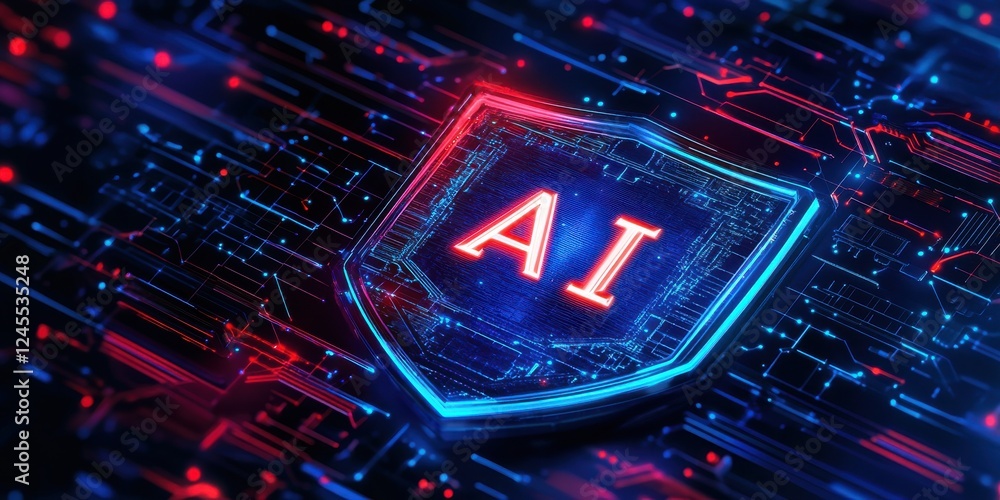 Poster futuristic digital shield with glowing ai symbol representing the advancements in artificial intelli
