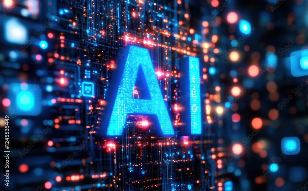 Poster futuristic display of artificial intelligence with bright blue letters surrounded by vibrant data st