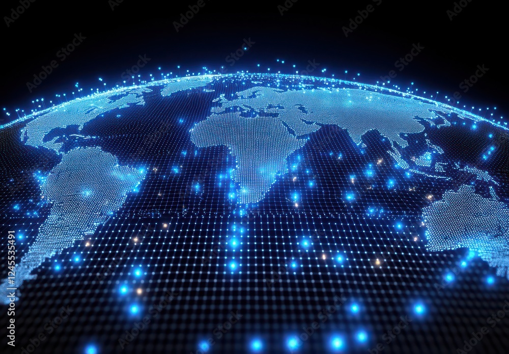 Poster futuristic digital world map with bright blue connections and dots representing global network and d