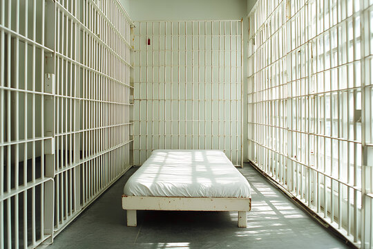 A simple and stark interior of a prison cell featuring plain white walls and a basic wooden bed. The sparse environment highlights the bleak, confined nature of prison life.