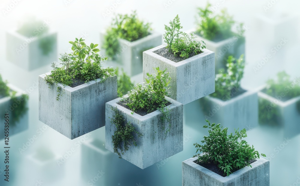 Poster futuristic floating planters with lush greenery in minimalist style surrounded by soft light and dre