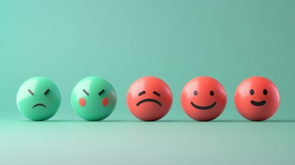 Customer feedback rating system, emoticon progression negative to positive, coral red to emerald progression, matte finish buttons, simple face expressions, matching progress bar, minimalist design