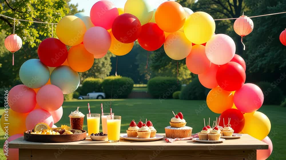 Poster a table with a bunch of balloons and food on it. there are cups, cakes, and a car in the background