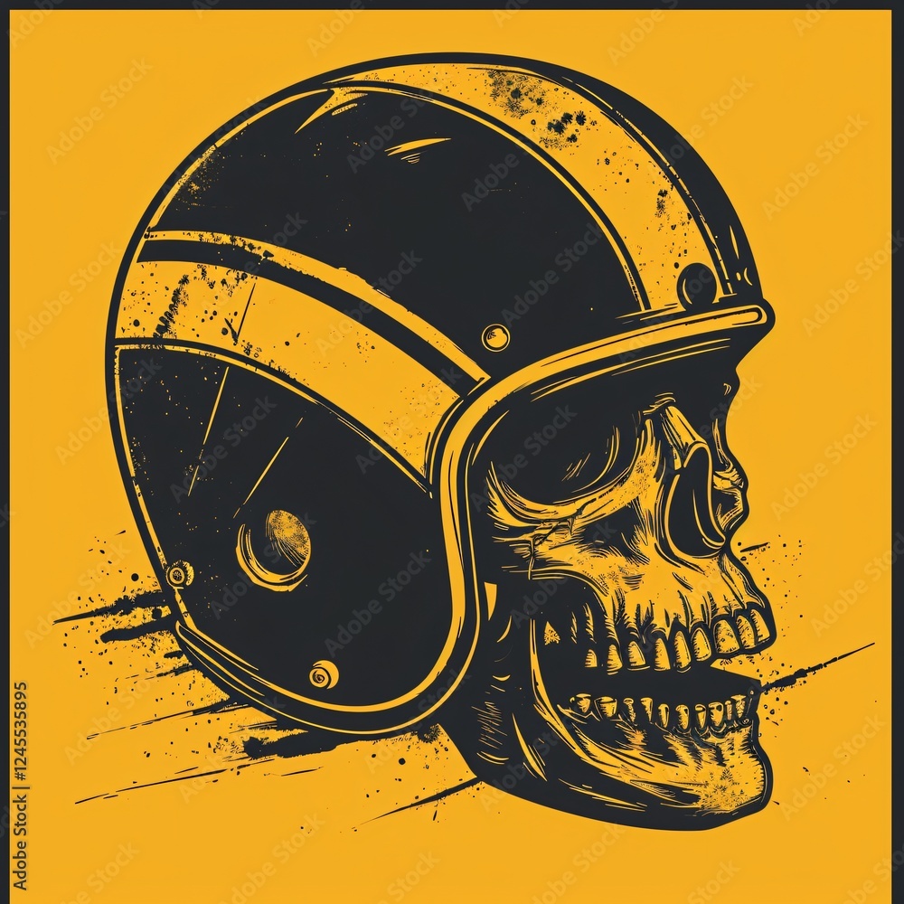 Poster skull wearing a helmet with a bold design on a vibrant background showcasing a unique artistic style