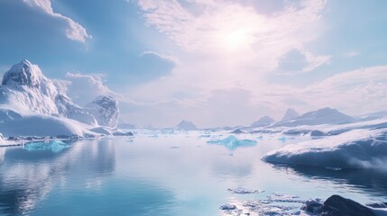 Fototapeta premium Serene Arctic Landscape with Icebergs and Snow-Covered Mountains on a Sunny Day