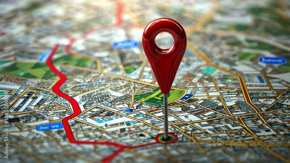 Poster navigating cityscapes: zooming into detailed map with red location marker