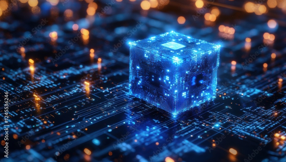 Poster futuristic glowing cube on a digital circuit board with vibrant lights and data patterns representin