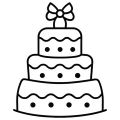 Black and White Birthday Cake Outline with Candle and Bow. Line art birthday cake icon, Set of silhouette birthday cake vector illustration