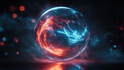 Fototapeta premium Futuristic glowing orb with dynamic swirling patterns and vibrant colors of blue and red, isolated on a dark background with ethereal light effects.