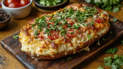 Baked potato loaded with melted cheese and tomatoes on a wooden board
