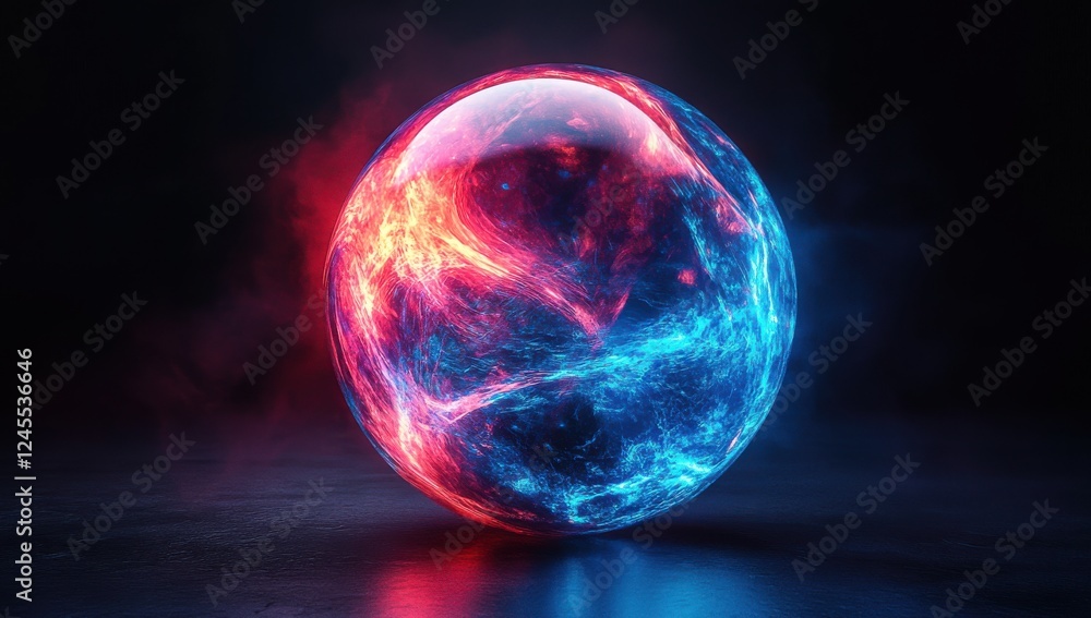 Poster futuristic glowing sphere with blue and red energy swirls, illuminated by soft ambient light, creati