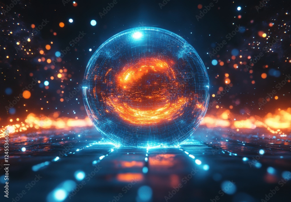 Poster futuristic glowing sphere with digital patterns and vibrant particles illuminated in a dark cosmic e