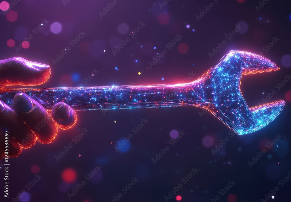 Poster futuristic glowing wrench in hand against colorful abstract background with bokeh effects for techno