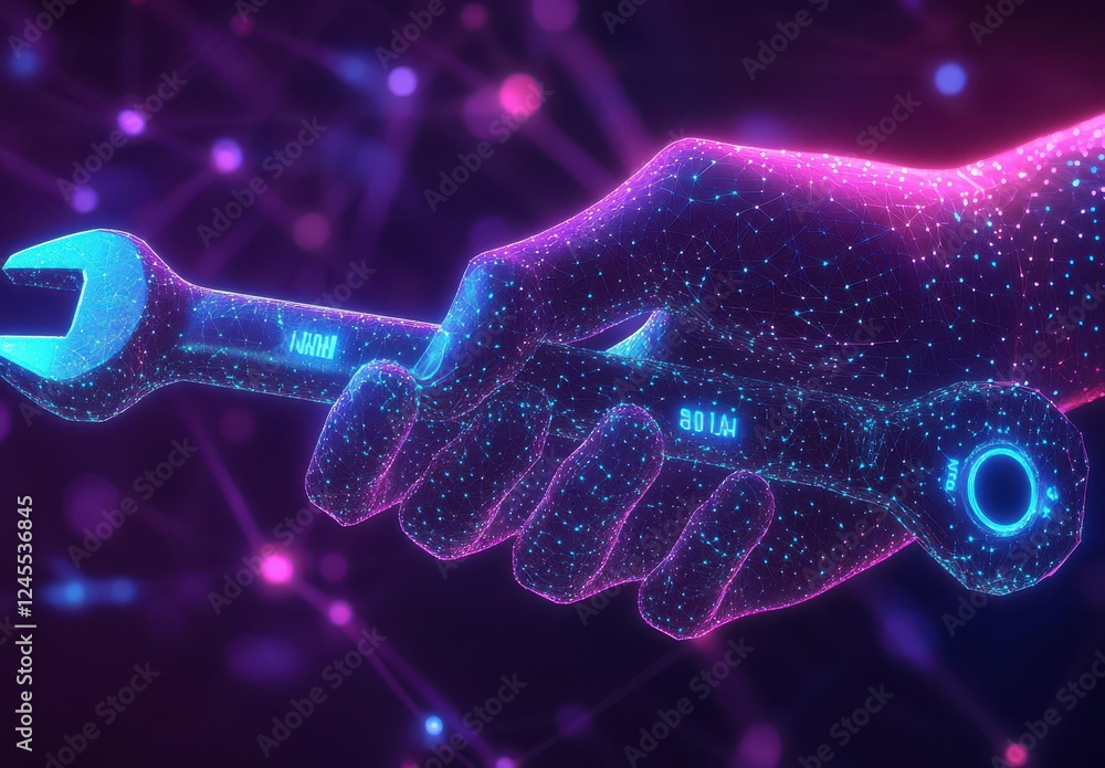 Poster futuristic hand holding digital wrench in a high-tech matrix with glowing particles and neon lights 