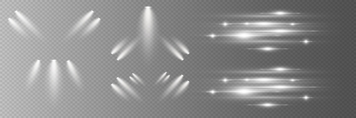 Set of light stars and flare, light spotlights, podium light. On a transparent background.