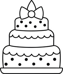 Black and White Birthday Cake Outline with Candle and Bow. Line art birthday cake icon, Set of silhouette birthday cake vector illustration