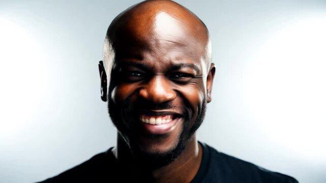 Static close-up video, harsh overhead light, bald man with a pierced septum, mocking amusement expression, solid white background, smirk, eyes gleam, sardonic humor, eyebrow raise