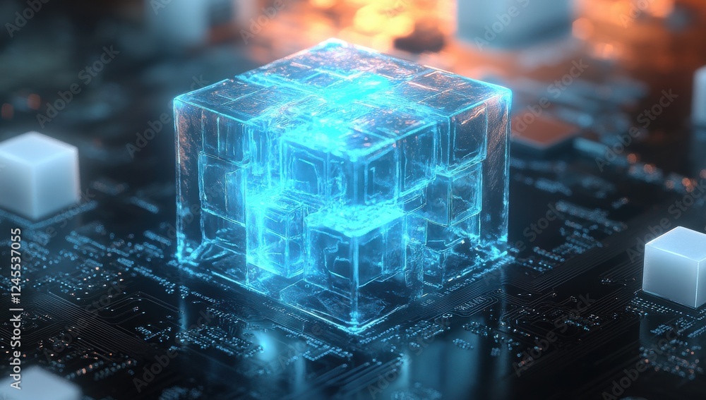 Aufkleber futuristic high-tech concept of transparent cube structure glowing on circuit board with digital ele