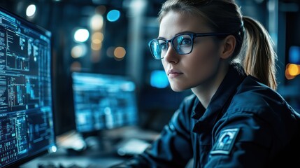 Focused female programmer analyzing code on computer screen at night.