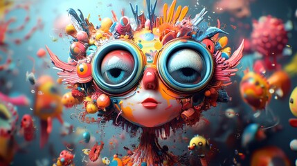 Whimsical colorful creature with large glasses surrounded by vibrant, abstract shapes.