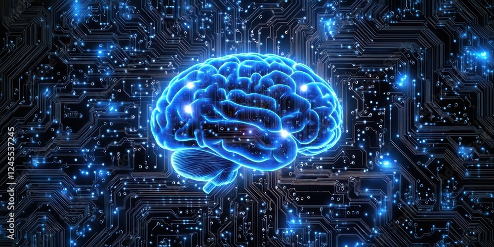 Poster futuristic human brain surrounded by digital circuitry representing technology, artificial intellige