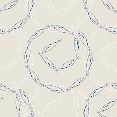 Fish swarm vector seamless pattern for wallpaper design, backgrounds, scrapbooking, wrapping, package. Cute flat illustration of sealife in retro vintage style. Fisherman aesthetic.