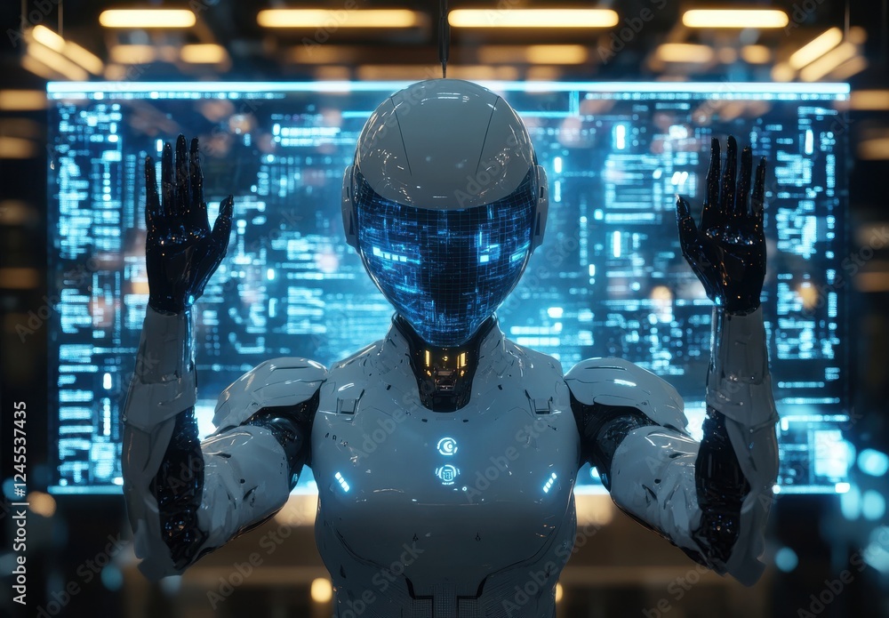 Poster futuristic humanoid robot with illuminated visor technology, interacting within advanced digital env