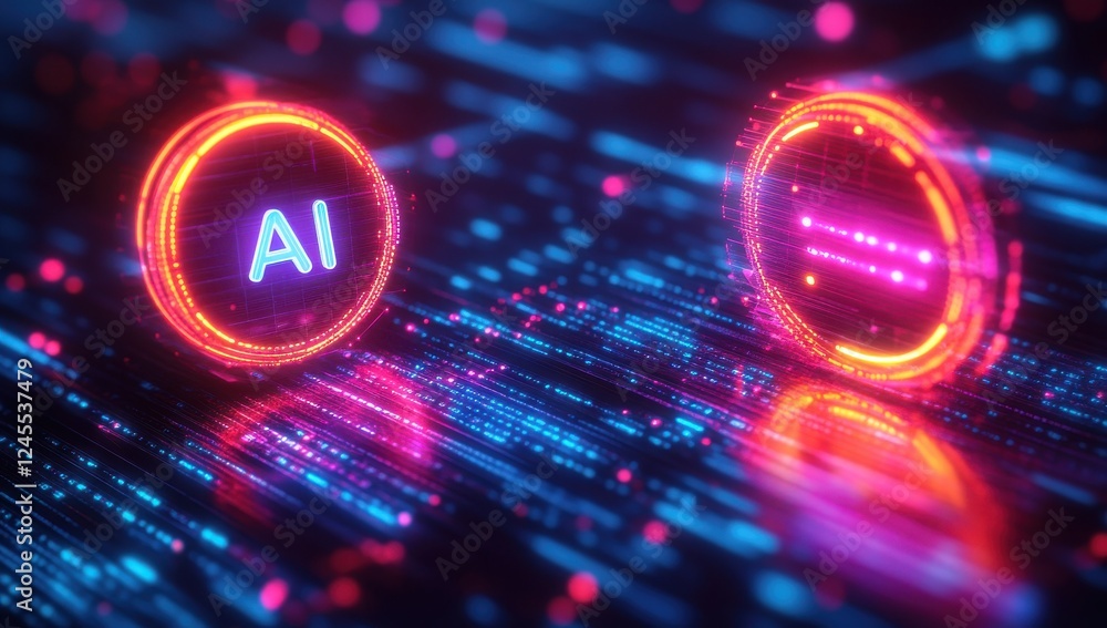 Poster futuristic illustration of artificial intelligence concept with glowing circular symbols and data st