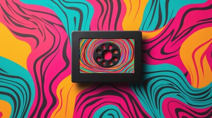 Colorful Vintage Cassette Tape on Vibrant Abstract Background