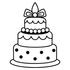 Black and White Birthday Cake Outline with Candle and Bow. Line art birthday cake icon, Set of silhouette birthday cake vector illustration