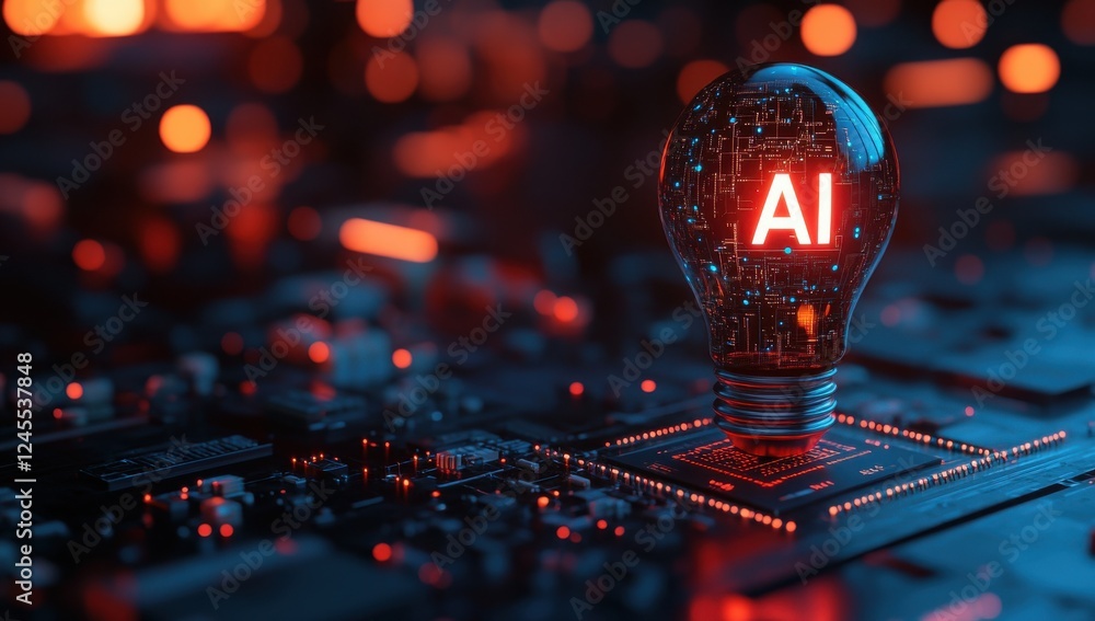 Poster futuristic light bulb symbolizing artificial intelligence technology on circuit board background wit