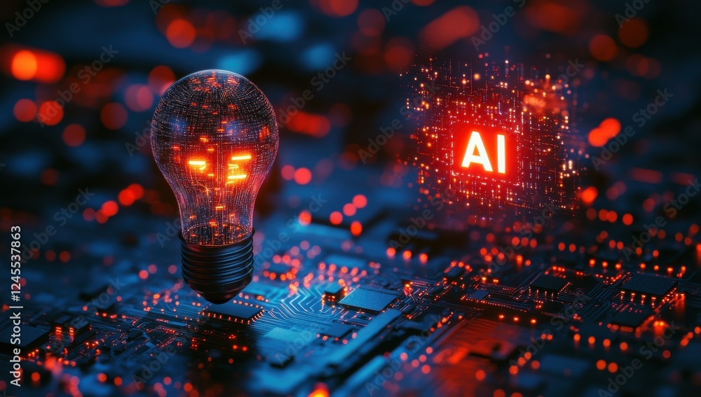 Poster futuristic light bulb symbolizing ai technologies with circuitry background and glowing ai sign in r