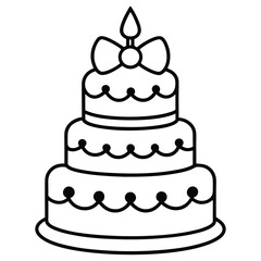 Black and White Birthday Cake Outline with Candle and Bow. Line art birthday cake icon, Set of silhouette birthday cake vector illustration