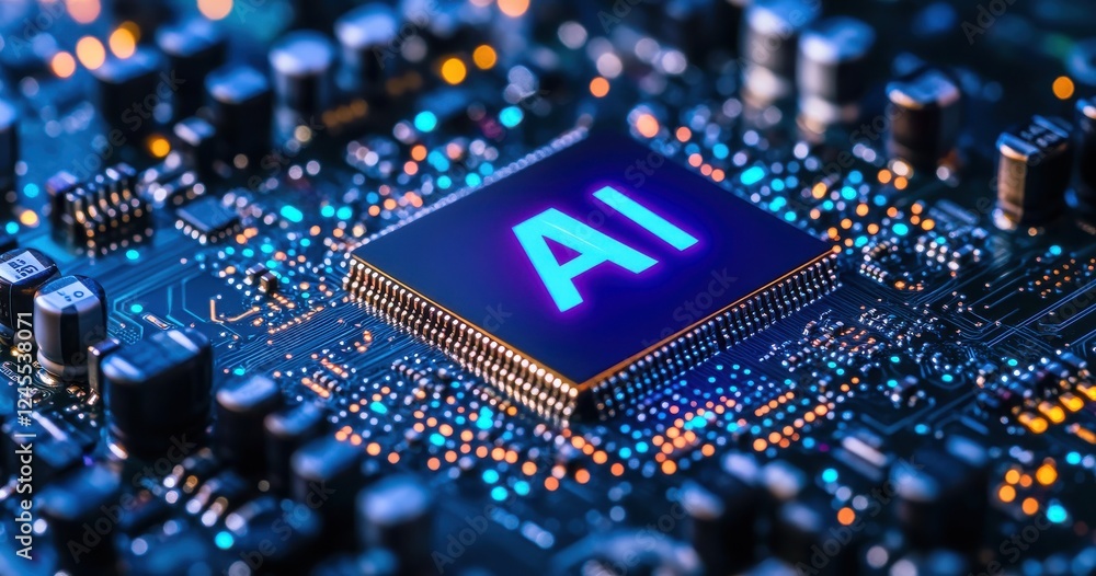 Poster futuristic microchip design with ai representation illuminated by blue lights and vibrant circuits, 