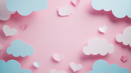 Whimsical Pastel Pink Banner with Clouds and Hearts on Sky Background