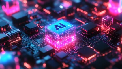 Fototapeta premium Futuristic microchip glowing with vibrant colors, featuring the letters 'AI,' representing artificial intelligence technology and modern digital innovations