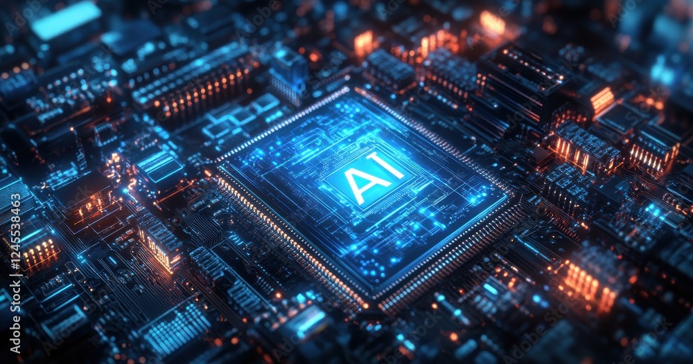 Poster futuristic microchip with ai integration surrounded by glowing circuitry and data streams representi