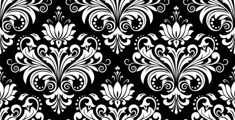 Wallpaper in the style of Baroque. White and black floral ornament. Seamless vector background. Graphic pattern for fabric, wallpaper, packaging. Ornate Damask flower illustration.