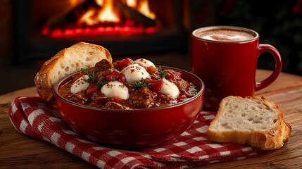  cozy winter scene with beef stew and hot cocoa