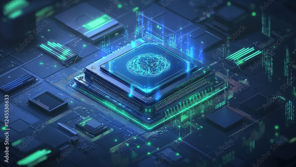 Poster futuristic microchip with digital brain design surrounded by neon circuitry and data visualization i