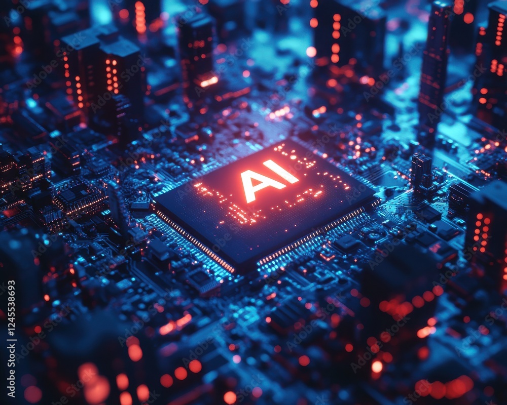 Poster futuristic microchip with glowing ai symbol on a circuit board, representing advanced technology, di