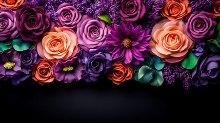 A vibrant arrangement of colorful artificial flowers against a dark background, showcasing various blooms