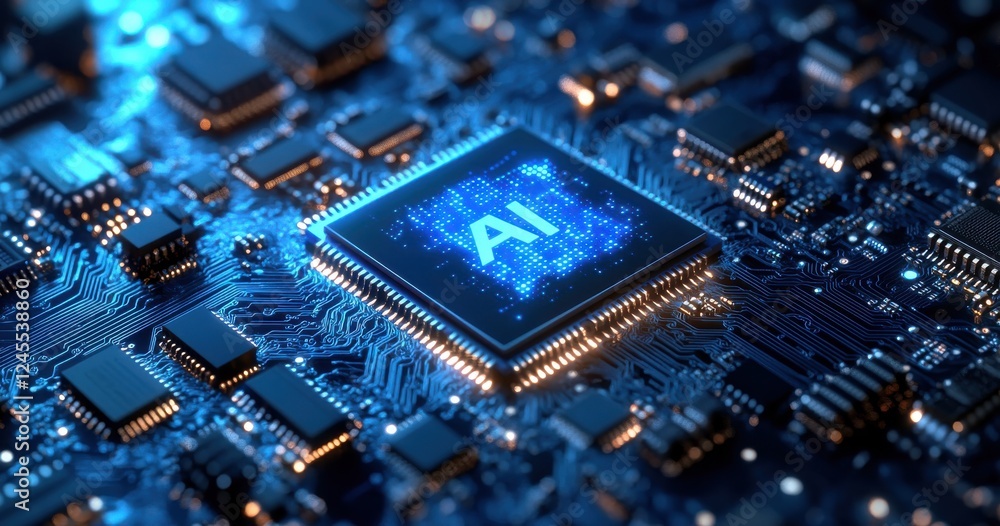 Poster futuristic microprocessor with ai technology symbol glowing on circuit board surrounded by electroni