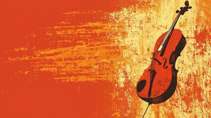 Cello music instrument, orange grunge background, concert poster design