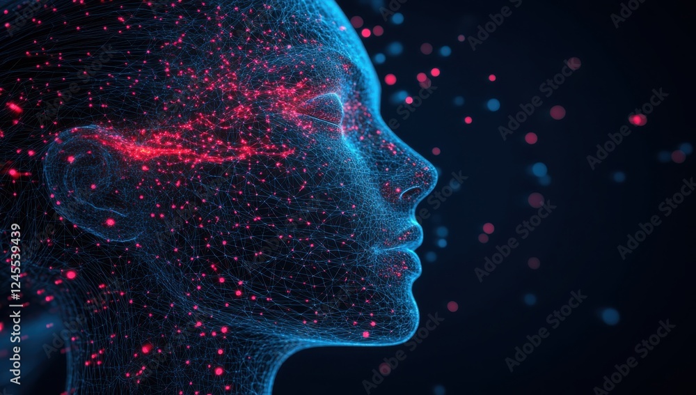Poster futuristic portrait with neon particles representing artificial intelligence and digital connectivit