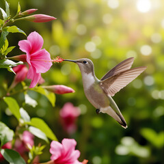 Naklejka premium Hummingbird collects nectar from pink hibiscus