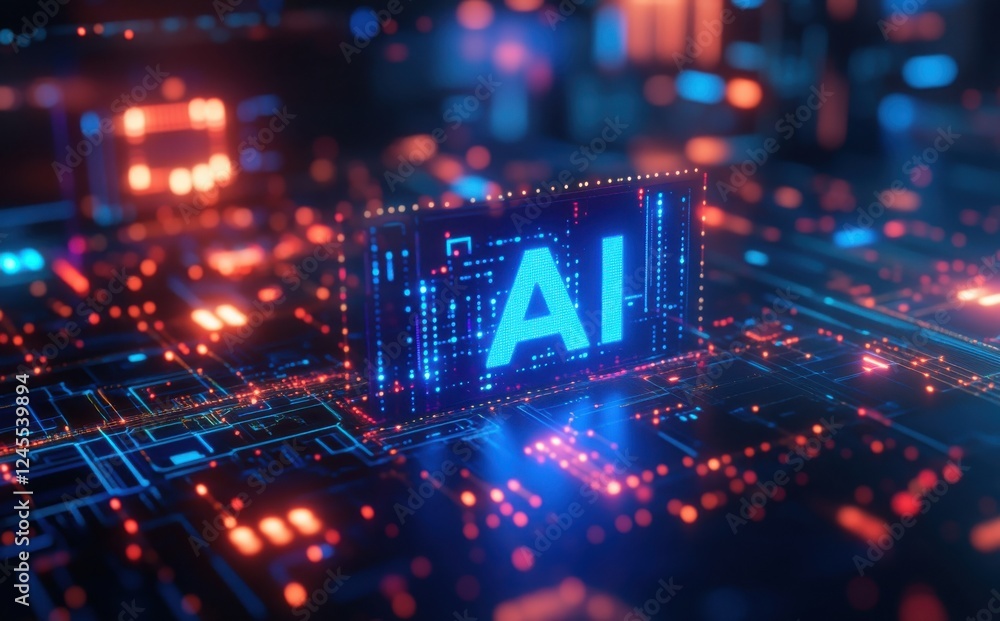 Poster futuristic representation of ai technology with vibrant colors and digital circuit patterns in a tec