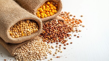 Fototapeta premium Grocery package with vegetables and cereals on a white background. Healthy food concept, vegan concept. Banner.